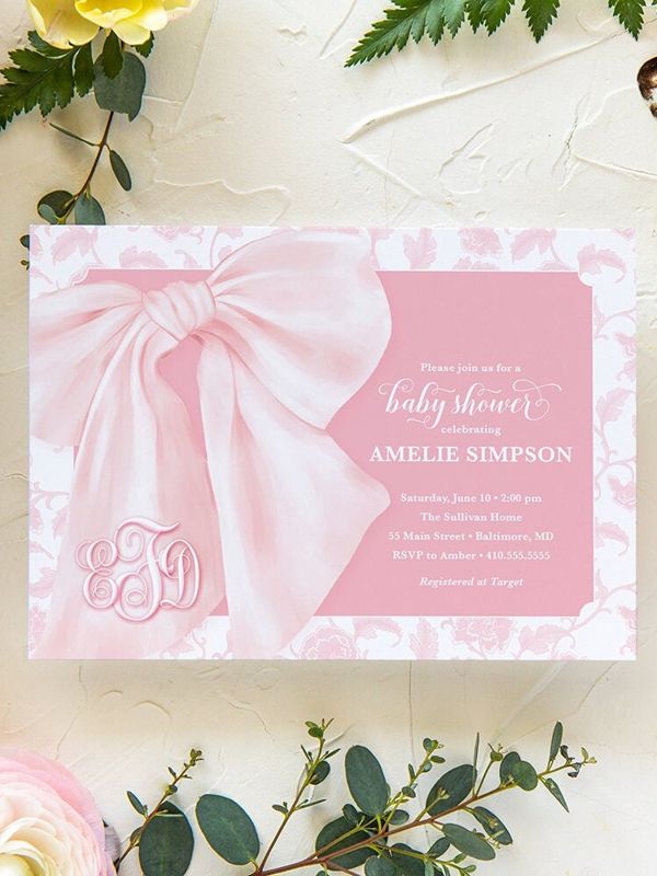 Pink Chinoiserie Baby Shower Invites - Whimsical Baby Sprinkle - Monogram Pink Bow, Chinoiserie Invitations, Girl Baby Shower Printable