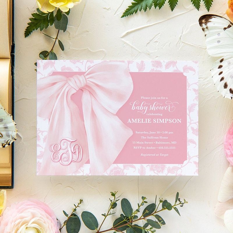 Pink Chinoiserie Baby Shower Invites - Whimsical Baby Sprinkle - Monogram Pink Bow, Chinoiserie Invitations, Girl Baby Shower Printable