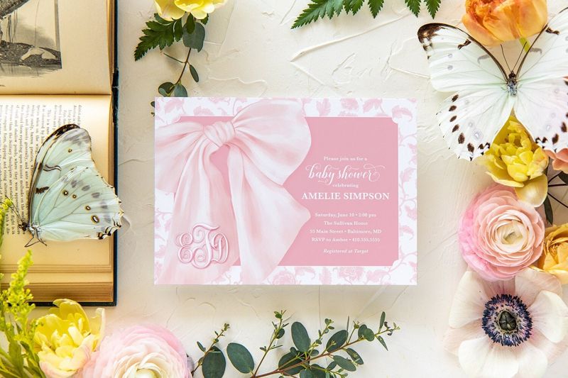 Pink Chinoiserie Baby Shower Invites - Whimsical Baby Sprinkle - Monogram Pink Bow, Chinoiserie Invitations, Girl Baby Shower Printable
