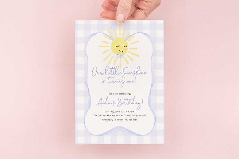 Preppy Blue Gingham Sunshine Birthday Invitation - Our Little Sunshine - My Sunshine - Sunshine Boy Invite (10 printed invitations | Plain White Envelopes)