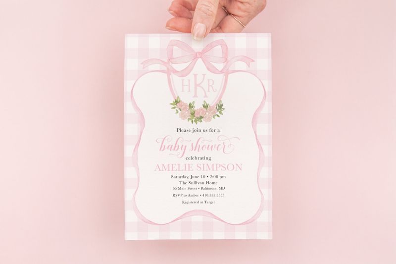 Preppy Pink Monogram, Watercolor Crest, Gingham Bow Baby Shower Invitations, Preppy Baby Invite, Girl Baby Shower, Baby Sprinkle Invitations (10 printed invitations, Plain White Envelopes)