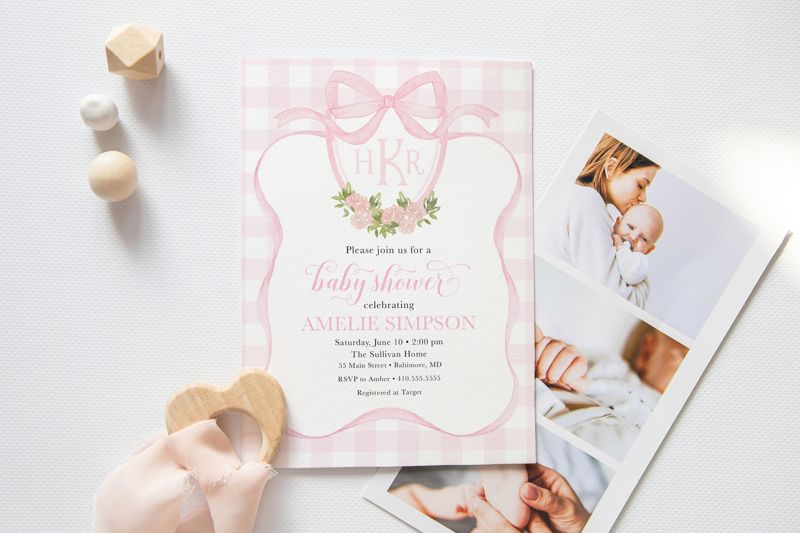 Preppy Pink Monogram, Watercolor Crest, Gingham Bow Baby Shower Invitations, Preppy Baby Invite, Girl Baby Shower, Baby Sprinkle Invitations (10 printed invitations, Plain White Envelopes)