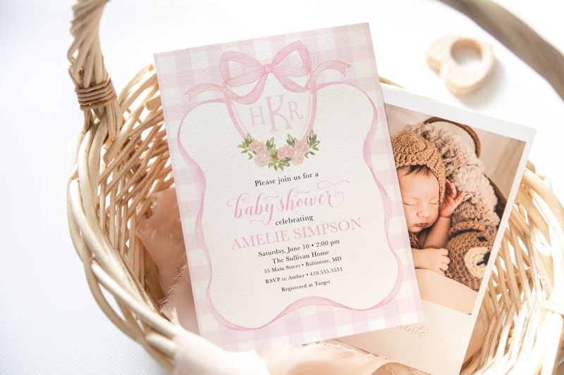 Preppy Pink Monogram, Watercolor Crest, Gingham Bow Baby Shower Invitations, Preppy Baby Invite, Girl Baby Shower, Baby Sprinkle Invitations (10 printed invitations, Plain White Envelopes)