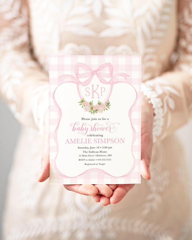 Preppy Pink Monogram, Watercolor Crest, Gingham Bow Baby Shower Invitations, Preppy Baby Invite, Girl Baby Shower, Baby Sprinkle Invitations (10 printed invitations, Plain White Envelopes)