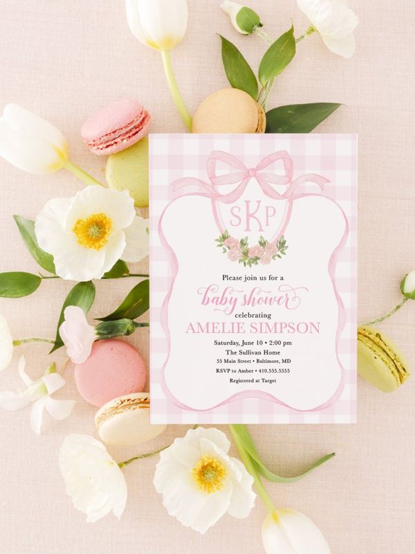 Preppy Pink Monogram, Watercolor Crest, Gingham Bow Baby Shower Invitations, Preppy Baby Invite, Girl Baby Shower, Baby Sprinkle Invitations (10 printed invitations, Plain White Envelopes)