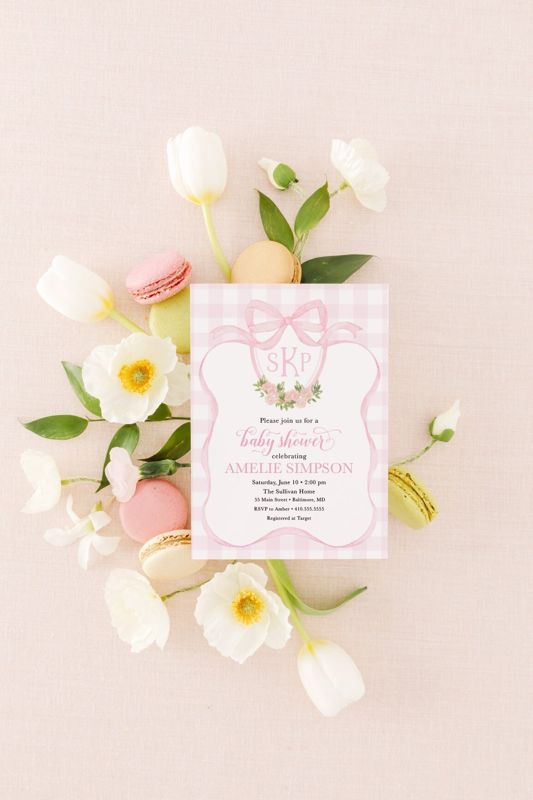 Preppy Pink Monogram, Watercolor Crest, Gingham Bow Baby Shower Invitations, Preppy Baby Invite, Girl Baby Shower, Baby Sprinkle Invitations (10 printed invitations, Plain White Envelopes)