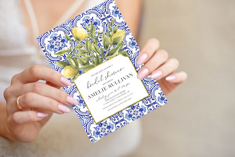 Lemon Bridal Shower Invitation - Portuguese Blue Tile and Lemon Bridal Shower Invitations Printed (10 printed invitations, Plain White Envelopes)