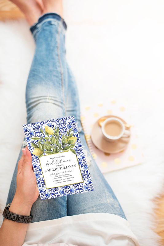 Lemon Bridal Shower Invitation - Portuguese Blue Tile and Lemon Bridal Shower Invitations Printed (10 printed invitations, Plain White Envelopes)