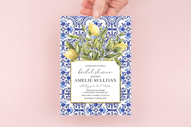 Lemon Bridal Shower Invitation - Portuguese Blue Tile and Lemon Bridal Shower Invitations Printed (10 printed invitations, Plain White Envelopes)