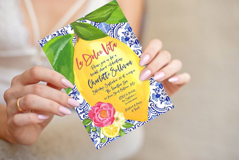La Dolce Vita - Lemon and Fuschia Floral Bridal Shower Invitation - Portuguese Blue Tile and Lemon Bridal Shower Invitation Printed (10 printed invitations | Plain White Envelopes)