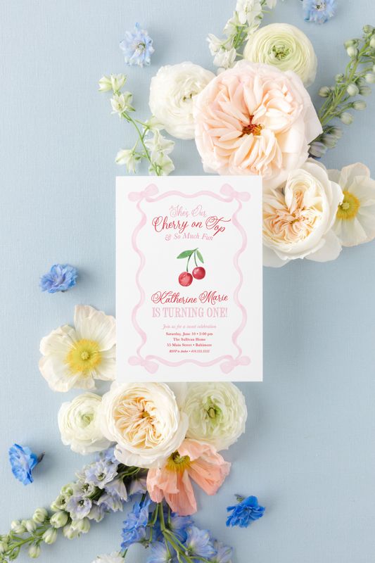 Cherry First Birthday Invitation for Girl - Preppy Invitations - Cherries Theme - Girl Birthday Party - Cherry on Top Printed (10 printed invitations | Plain White Envelopes)