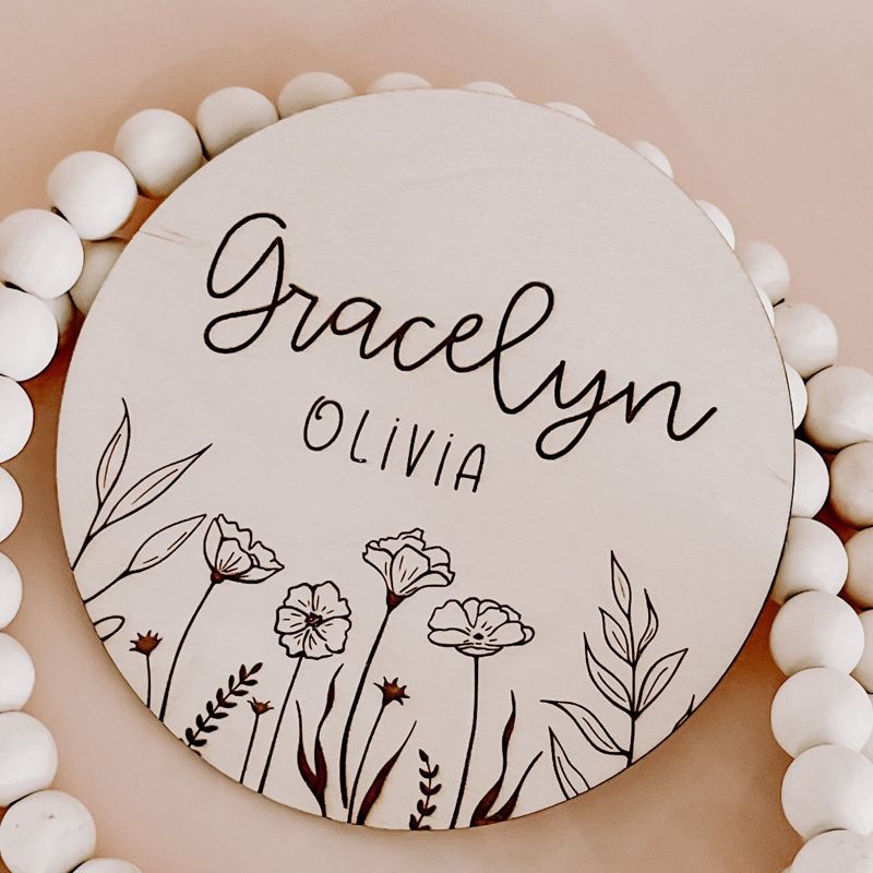 Floral Wooden Baby Name Announcement Sign | Flower Engraved Baby Name Reveal Plaque | Hospital Birth Announcement | Newborn Photo Prop wood (4")