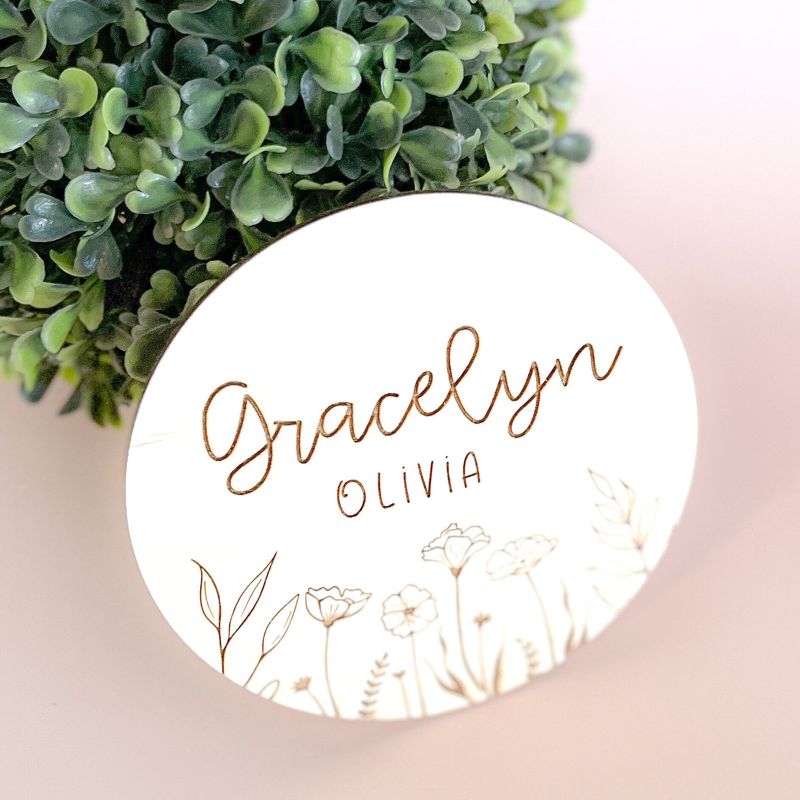 Floral Wooden Baby Name Announcement Sign | Flower Engraved Baby Name Reveal Plaque | Hospital Birth Announcement | Newborn Photo Prop wood (4")