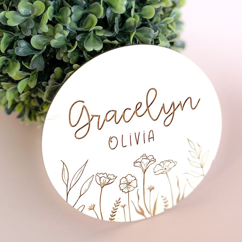 Floral Wooden Baby Name Announcement Sign | Flower Engraved Baby Name Reveal Plaque | Hospital Birth Announcement | Newborn Photo Prop wood (4")