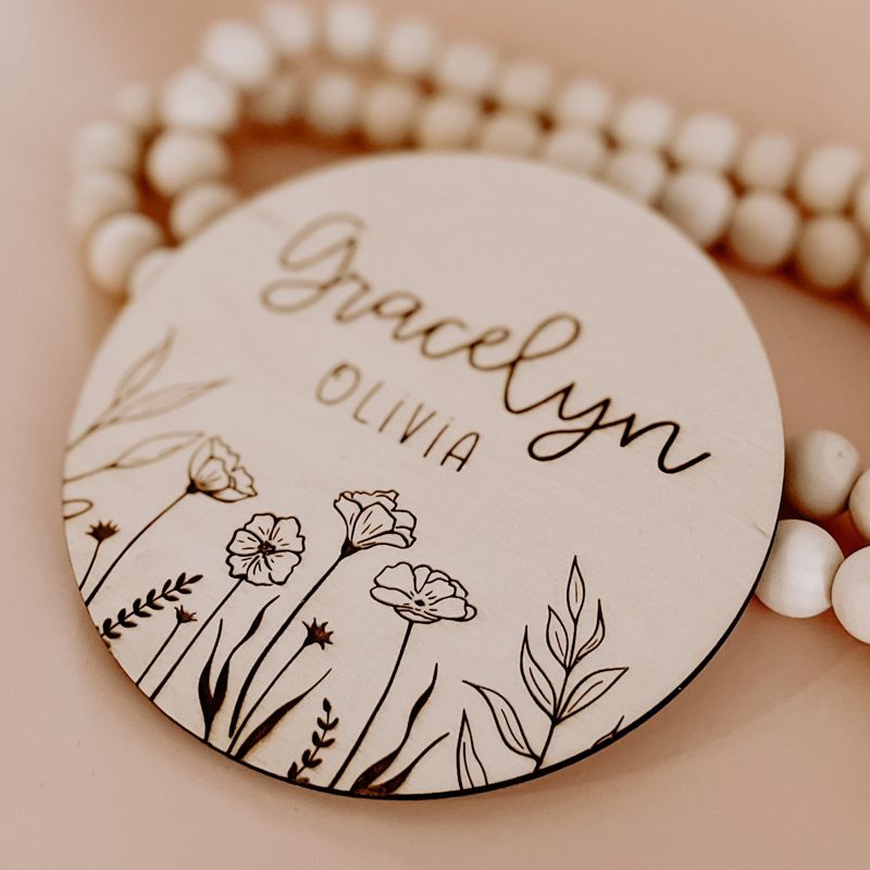 Floral Wooden Baby Name Announcement Sign | Flower Engraved Baby Name Reveal Plaque | Hospital Birth Announcement | Newborn Photo Prop wood (4")