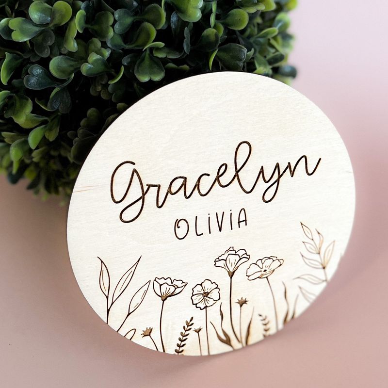 Floral Wooden Baby Name Announcement Sign | Flower Engraved Baby Name Reveal Plaque | Hospital Birth Announcement | Newborn Photo Prop wood (4")