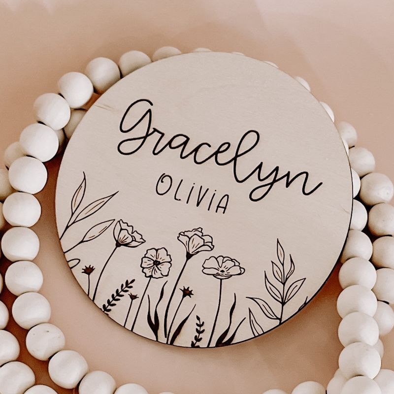 Floral Wooden Baby Name Announcement Sign | Flower Engraved Baby Name Reveal Plaque | Hospital Birth Announcement | Newborn Photo Prop wood (4")