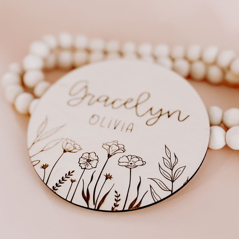 Floral Wooden Baby Name Announcement Sign | Flower Engraved Baby Name Reveal Plaque | Hospital Birth Announcement | Newborn Photo Prop wood (4")