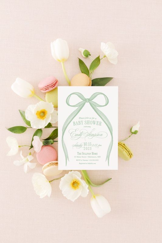 Sage Green Baby Shower Invitation, gender neutral baby sprinkle invites, watercolor heirloom bow, sip and see invitations Printed (10 printed invitations | Plain White Envelopes)