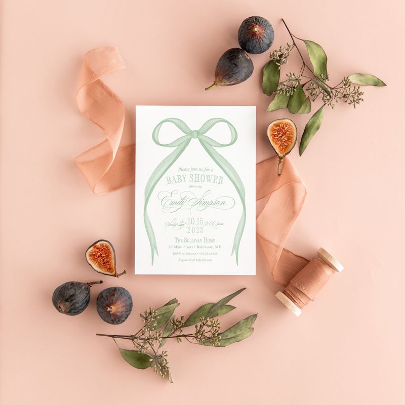 Sage Green Baby Shower Invitation, gender neutral baby sprinkle invites, watercolor heirloom bow, sip and see invitations Printed (10 printed invitations | Plain White Envelopes)