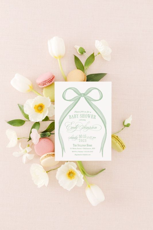 Sage Green Baby Shower Invitation, gender neutral baby sprinkle invites, watercolor heirloom bow, sip and see invitations Printed (10 printed invitations | Plain White Envelopes)