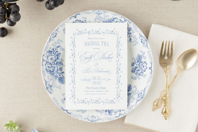 Classic Bridal Tea Invitation, Baby Girl Shower, Baby Sprinkle Invites, Classic Baby Tea, Blue and White Traditional Bridesmaids Luncheon (10 printed invitations, Plain White Envelopes)