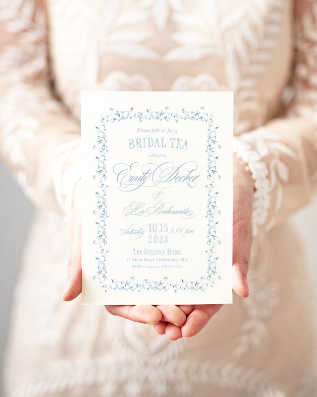 Classic Bridal Tea Invitation, Baby Girl Shower, Baby Sprinkle Invites, Classic Baby Tea, Blue and White Traditional Bridesmaids Luncheon (10 printed invitations, Plain White Envelopes)