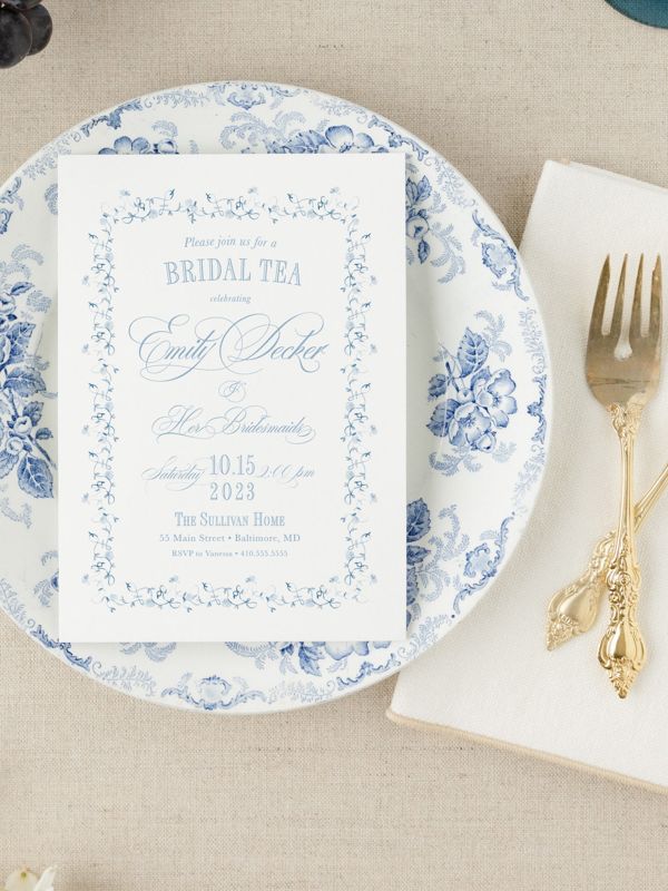 Classic Bridal Tea Invitation, Baby Girl Shower, Baby Sprinkle Invites, Classic Baby Tea, Blue and White Traditional Bridesmaids Luncheon (10 printed invitations, Plain White Envelopes)