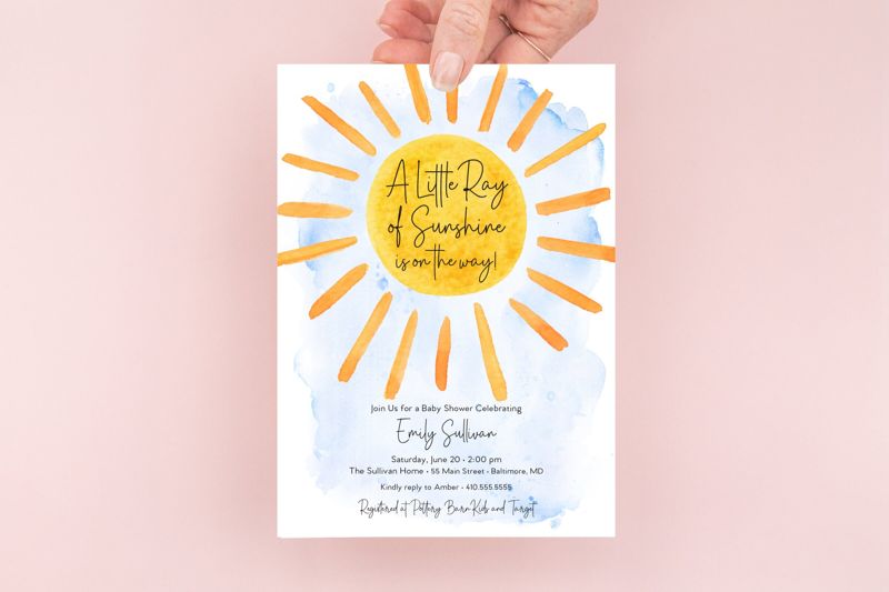 Sunshine Baby Boy Shower Invitation - A Little Ray of Sunshine - My Sunshine - Baby Boy Sprinkle Printed (10 printed invitations | Plain White Envelopes)