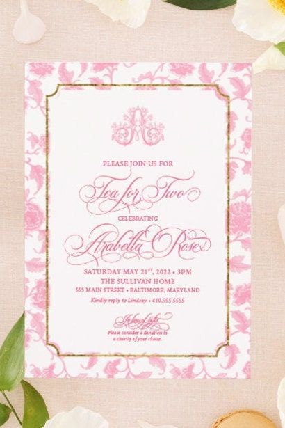 Tea Party Invitations for Girl Birthday - Tea for Two - Classic Toile Invitations Pink Chinoiserie Invites - Traditional French Patisserie (10 printed invitations | Plain White Envelopes)