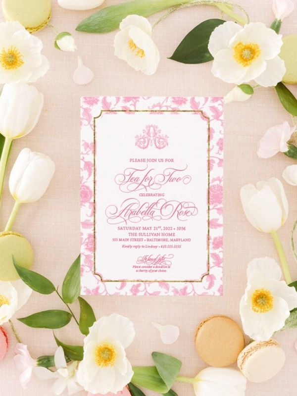 Tea Party Invitations for Girl Birthday - Tea for Two - Classic Toile Invitations Pink Chinoiserie Invites - Traditional French Patisserie (10 printed invitations | Plain White Envelopes)