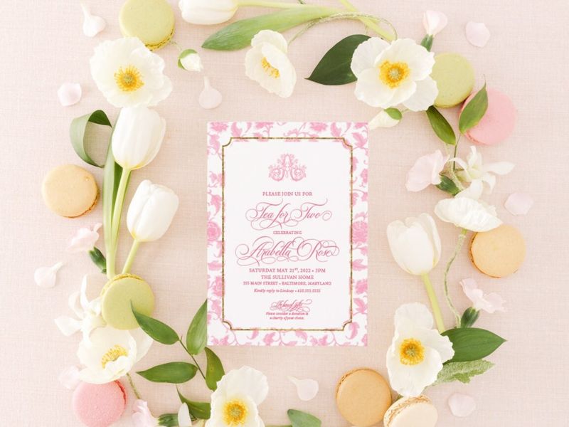 Tea Party Invitations for Girl Birthday - Tea for Two - Classic Toile Invitations Pink Chinoiserie Invites - Traditional French Patisserie (10 printed invitations | Plain White Envelopes)