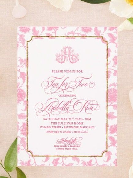 Tea Party Invitations for Girl Birthday - Tea for Two - Classic Toile Invitations Pink Chinoiserie Invites - Traditional French Patisserie (10 printed invitations | Plain White Envelopes)