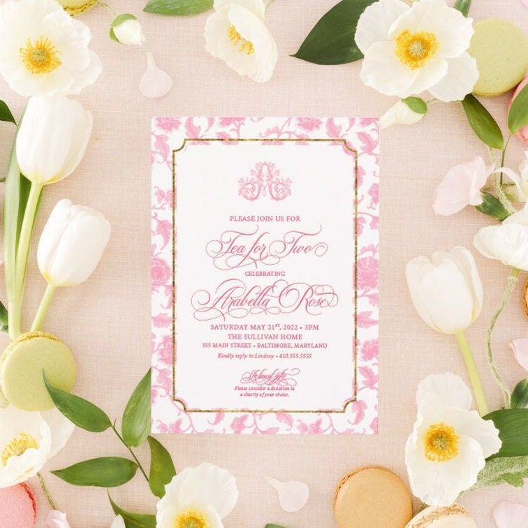 Tea Party Invitations for Girl Birthday - Tea for Two - Classic Toile Invitations Pink Chinoiserie Invites - Traditional French Patisserie (10 printed invitations | Plain White Envelopes)