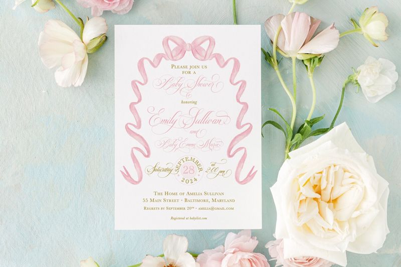 Baby Shower Invitations for Girl, Baby Girl Sprinkle, Grandmillenial Bridal Shower, Fancy Pink Bow, Classic Girl Birthday, Bridal Luncheon