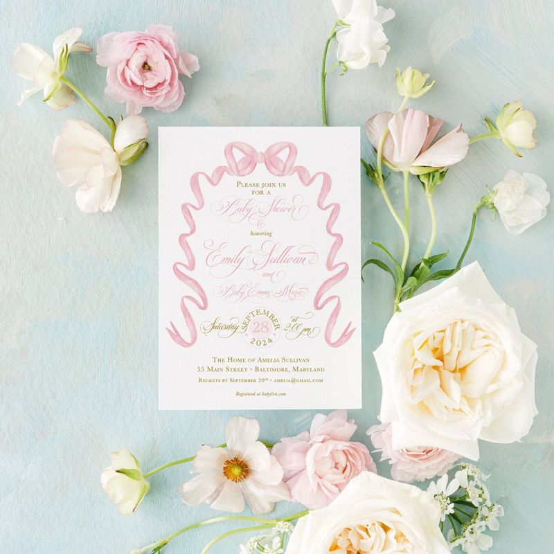 Baby Shower Invitations for Girl, Baby Girl Sprinkle, Grandmillenial Bridal Shower, Fancy Pink Bow, Classic Girl Birthday, Bridal Luncheon