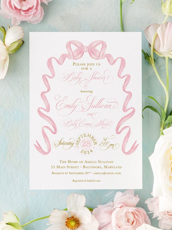 Baby Shower Invitations for Girl, Baby Girl Sprinkle, Grandmillenial Bridal Shower, Fancy Pink Bow, Classic Girl Birthday, Bridal Luncheon