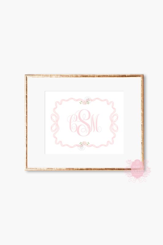 Girl Crest Wall Art Nursery Monogram Monogram Nursery, Watercolor Pink Bow Monogram, Girl Room Decor, Baby Girl Nursery, Grandmillenial Pink (5x7 | Portrait)