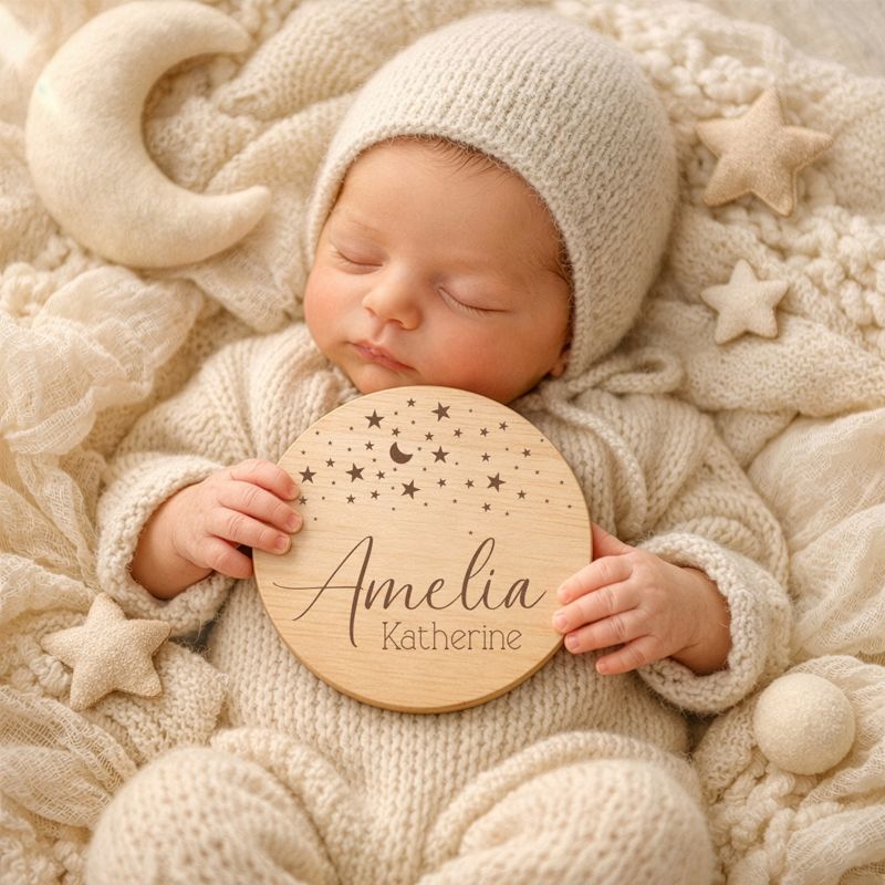 Moon and Stars Baby Announcement Sign, Celestial Birth Announcement Sign, Baby Name Sign for Hospital, Newborn Name Wood Sign Gender Neutral (4")