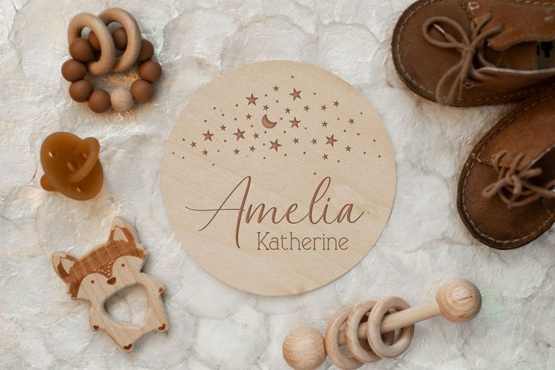 Moon and Stars Baby Announcement Sign, Celestial Birth Announcement Sign, Baby Name Sign for Hospital, Newborn Name Wood Sign Gender Neutral (4")