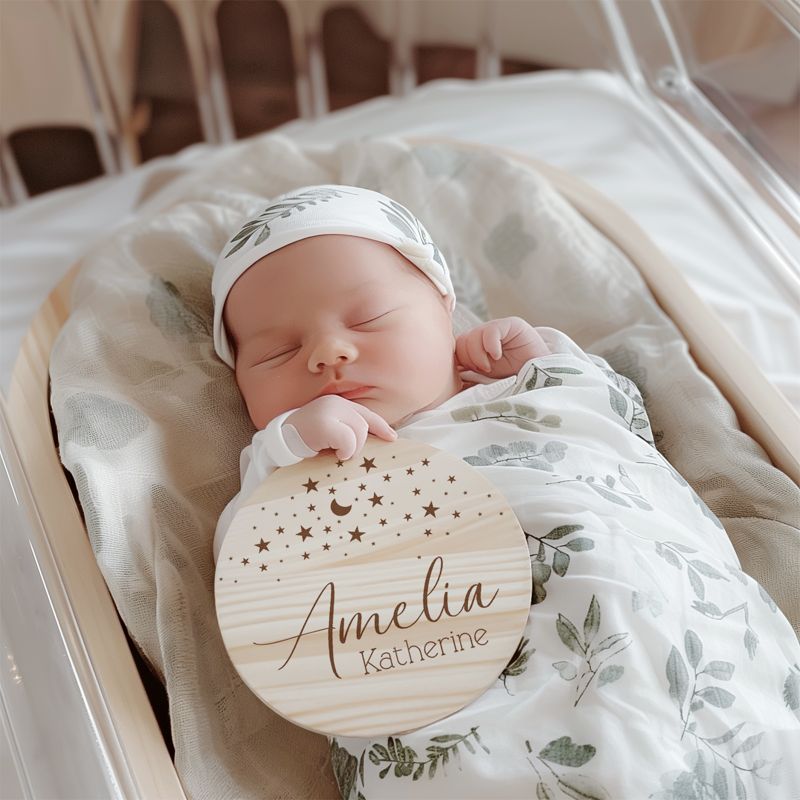 Moon and Stars Baby Announcement Sign, Celestial Birth Announcement Sign, Baby Name Sign for Hospital, Newborn Name Wood Sign Gender Neutral (4")
