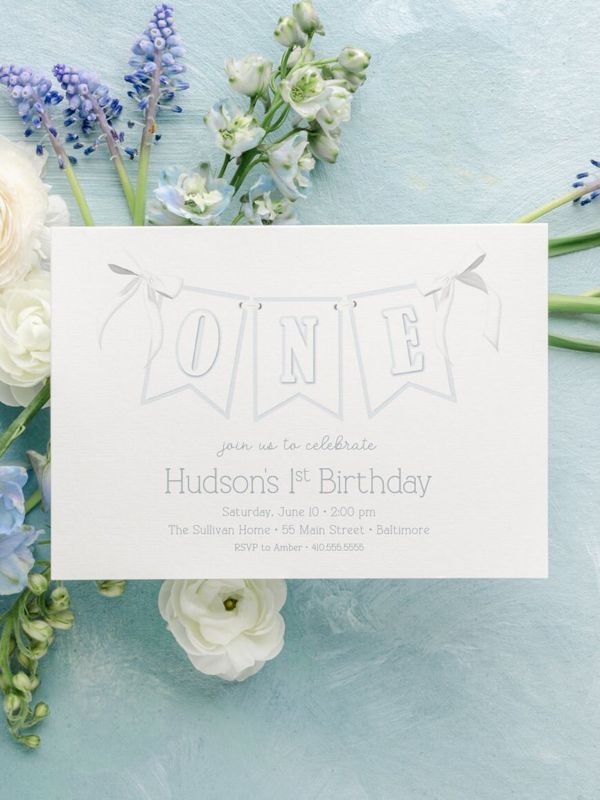Printed Boy First Birthday Invitations - Birthday Party Invites - Classic Blue Invitation - Garden Party (10 printed invitations | Plain White Envelopes)