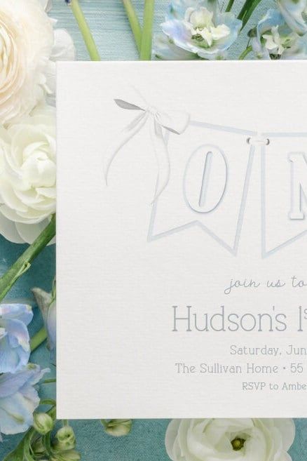 Printed Boy First Birthday Invitations - Birthday Party Invites - Classic Blue Invitation - Garden Party (10 printed invitations | Plain White Envelopes)