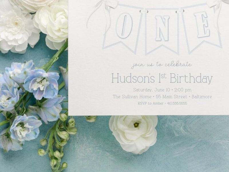 Printed Boy First Birthday Invitations - Birthday Party Invites - Classic Blue Invitation - Garden Party (10 printed invitations | Plain White Envelopes)