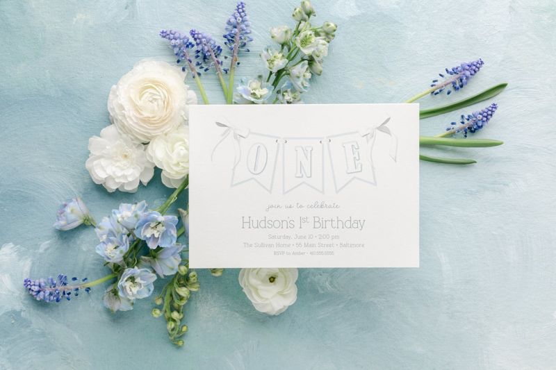 Printed Boy First Birthday Invitations - Birthday Party Invites - Classic Blue Invitation - Garden Party (10 printed invitations | Plain White Envelopes)