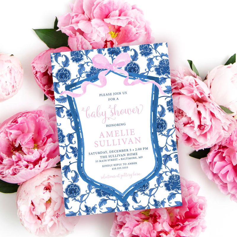 Preppy Blue and White Chinoiserie with Crest and Pink Ribbon Baby Shower Invitation (10 printed invitations | Plain White Envelopes)