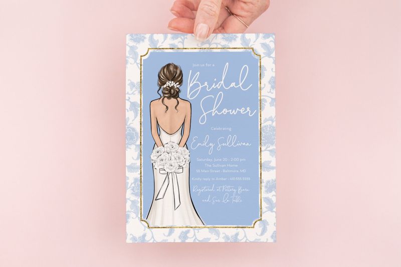 Chinoiserie Bride Printed Invitations - Bridal Gown Invite - Bridal Brunch - Chinoiserie Chic - Classic Blue and White - Bridesmaids Lunch (10 printed invitations, Plain White Envelopes)