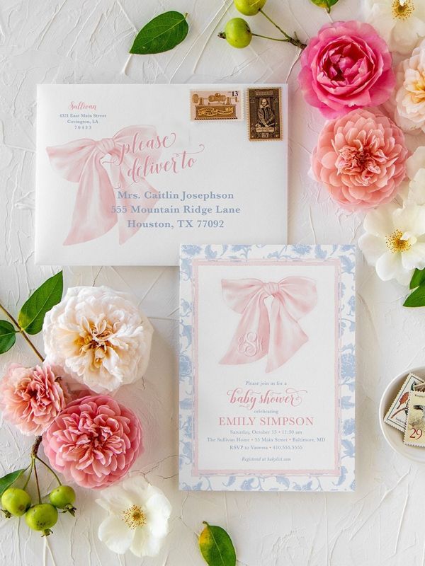 Preppy Southern Pink and Blue Bow Monogram Chinoiserie Baby Shower Invitation, Girl Baby Sprinkle Invites Winter Baby Blessing toile Printed (10 printed invitations, Plain White Envelopes)