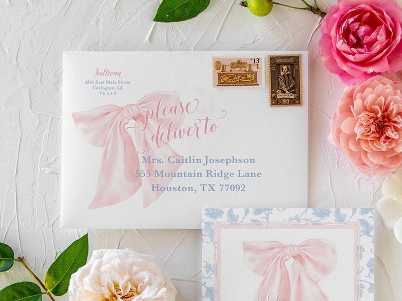 Preppy Southern Pink and Blue Bow Monogram Chinoiserie Baby Shower Invitation, Girl Baby Sprinkle Invites Winter Baby Blessing toile Printed (10 printed invitations, Plain White Envelopes)