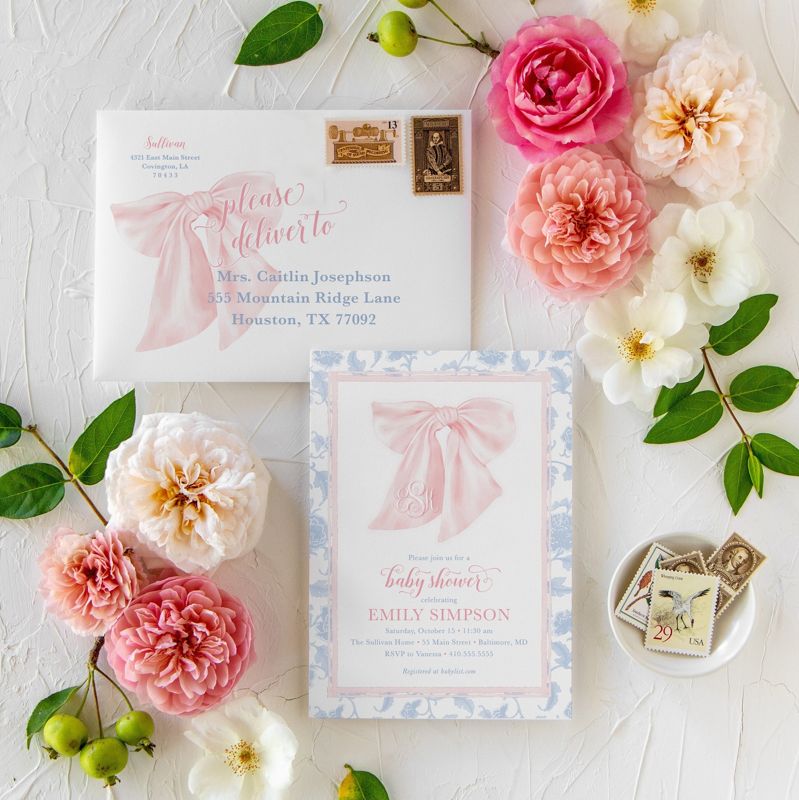 Preppy Southern Pink and Blue Bow Monogram Chinoiserie Baby Shower Invitation, Girl Baby Sprinkle Invites Winter Baby Blessing toile Printed (10 printed invitations, Plain White Envelopes)